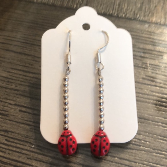 Sterling Silver Bead Earrings with Ladybug - Picture 5 of 14